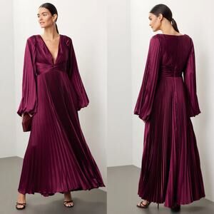 Ieena for Mac Duggal Pleated Charmeuse Gown Balloon Sleeve Maxi Dress Burgundy 6